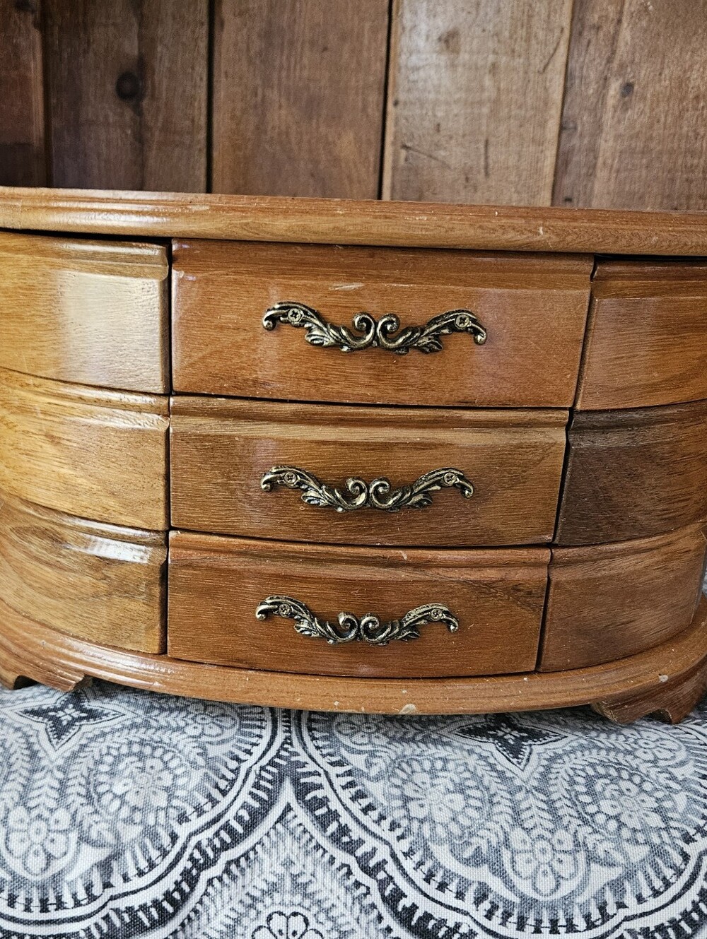 Vintage Wooden Jewelry Box with 3 Drawers and Ornate Handles